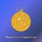 Gold Christmas ball with line bow. Holiday christmas toy for fir tree. Ball with many little circle