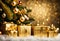 gold christmas gift parcels under a tree decorated with matching baubles