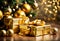 gold christmas gift parcels under a tree decorated with matching baubles