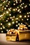 gold christmas gift parcels under a tree decorated with matching baubles