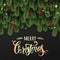 Gold Christmas Typographical on dark background with fir branches, berries, lights, stars
