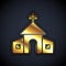 Gold Church building icon isolated on black background. Christian Church. Religion of church. Vector