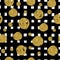 Gold circles on black hand drawn line. Trendy seamless pattern