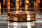 A gold circular plate sitting on top of a counter. Orange background with product display podium for natural product