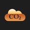 Gold CO2 emissions in cloud icon isolated on black background. Carbon dioxide formula symbol, smog pollution concept