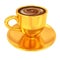 Gold coffee cup on saucer on a white