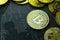 The Gold coin Bitcoin on dark map concept image picture for Background.