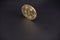 Gold coin bitcoin stands upright on black leather casts a Golden glare