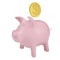 Gold coin drops into a pink piggy bank