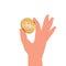 Gold coin squeezed between fingers and scratching. Hand holding cash money, penny. Contributor sponsor giving financial