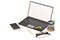 Gold coin stack and notebook smartphone laptop glasses on white