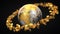 Gold coins around metallic earth globe. 3d illustration