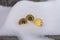 Gold coins bitcoin, crypto-currency in winter, lies a white snowdrift, on the street. The lost money. Abandoned coins.