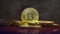 Gold coins, bitkoyny on the background of a smokescreen in the light of safitov. close-up. Crypto currency. Virtual