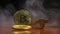 Gold coins, bitkoyny on the background of a smokescreen in the light of safitov. close-up. Crypto currency. Virtual
