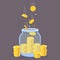 Gold coins in glass jar. Transparent bottle with stacks and flying golden coins, banking deposit, save money, investment