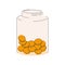 Gold coins inside glass jar for tips. Money, cash savings. Cents, change storage. Budget, fund, donation, investment