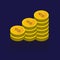 Gold coins vector icons, golden coins stacks and heaps. on blue