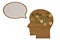 Gold coins on wood head and dialog box on white background 3D il