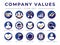 Gold Company Core Values Round Web Icon Set. Integrity, Leadership, Quality and Development, Creativity, Accountability