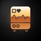 Gold Computer monitor with cardiogram icon isolated on black background. Monitoring icon. ECG monitor with heart beat