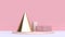 Gold cone pink cylinder and square white floor pink wall abstract geometric shape form minimal pink background scene 3d render