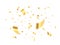Gold confetti burst isolated on white background. Defocused confetti pieces and particles. Realistic anniversary concept