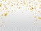 Gold confetti on transparent background. Falling shiny golden confetti. Party backdrop. Bright glitter festive tinsel