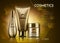 Gold Cosmetics Vector realistic package ads template. Face and body cream products bottles. Mockup 3D illustration