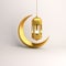 Gold crescent moon and arabic hanging lamp on white background studio lighting.