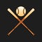 Gold Crossed baseball bats and ball icon isolated on black background. Long shadow style. Vector