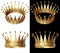 Gold crown in different angles encrusted with diamonds. Isolated on a white and black background.