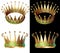 Gold crown in different angles encrusted with emeralds. Isolated on a white and black background.