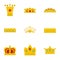 Gold crown icon set, flat style