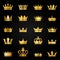 Gold crown icons. Queen king crowns luxury royal on blackboard, crowning tiara heraldic winner award jewel vector set