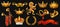 Gold crown of the king. Laurel wreath, trumpet, lion, ribbon. 3d vector icon set