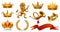 Gold crown of the king. Laurel wreath, trumpet, lion, ribbon. vector icon set