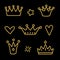 Gold crown set isolated on black background. Glitter set for glamourus design of party invitations, birthday cards for