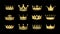 Gold crown silhouette icon set. Collections of golden crowns. Queen tiara. King diamond coronation crowning. Vector