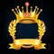 Gold crown winner frame, vector award laurel wreath, trophy circle emblem, victory ribbon on black.