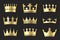 Gold crowns. Gold royal tiaras on a black background. Set of royal headdresses. Luxurious badge of power