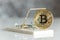 Gold cryptocurrency coin bitcoin in mousetrap on white background. Crypto currency financial trap concept.