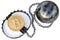 Gold cryptocurrency coin of bitcoin in trap on white background. Crypto currency financial trap concept.