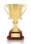 Gold cup winner vector illustration. Award-winning goblet medalist with a nameplate, isolated on white background