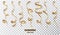 Gold curly ribbon serpentine confetti. Golden streamers set on transparent background. Colorful design decoration party