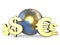 Gold currency symbols around the globe. 3D render