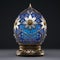 a gold decorated egg with flowers in blue on it's stand