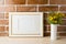 Gold decorated landscape frame mockup near exposed brick walls