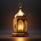 Gold decorated lantern with a candle on a dark background burning. Lantern as a symbol of Ramadan for Muslims