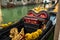 Gold decoration on the gondola. Detail Venetian Gondola Stern Detail or Ornament on the Grand Canal in Venice